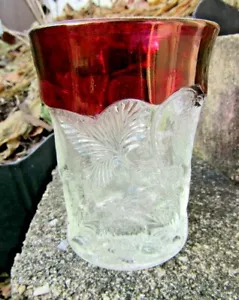 VTG Cranberry Flash Color Ruby rim/Pattern Glass Tumbler Strawberry Pattern 4" - Picture 1 of 5