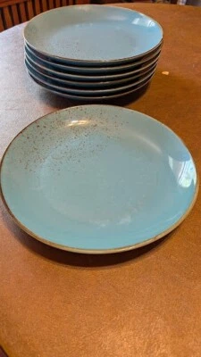 222 FIFTH AVENUE REACTIVE GLAZE AQUA SPECKLED 10 1/4 DINNER PLATES EXC COND - Image 1 of 4