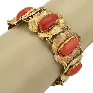 Cabochon Coral Textured Leaf 18k Two Tone Gold Link Bracelet - Picture 1 of 5