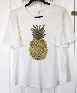 CHICO'S White Touch Of Cool Pineapple Short Flutter Sleeve Blouse Size S - Picture 1 of 3