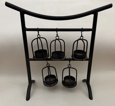 Tea Light Candle Holder Frame Black Metal Wrought Iron Design 5 Swinging Baskets - Image 1 of 4