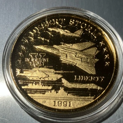 1991 Desert Storm War Commemorative $20 Proof Coin Layered in 22Kt Gold F-14 Cat - Image 1 of 4