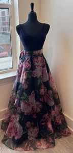 ELIZA J | Navy Blue Floral Organza Ball Gown Size 4 With Straps Read! - Picture 1 of 7