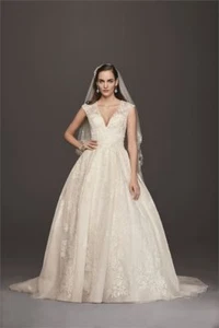 Oleg Cassini V-Neck Cap Sleeve Wedding Dress - Picture 1 of 7