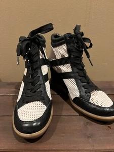 Sam Edelman Bolton Wedge Heel High Top Sneakers Suede Leather Black White US 9m - Picture 1 of 6