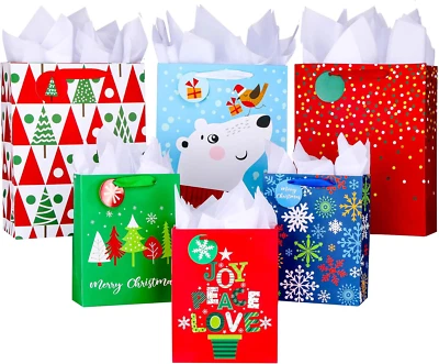 Pack de 6 bolsas de regalo de Navidad tamaños surtidos con papel de seda (3 grandes 13 3 medianas Foto 1 de 4