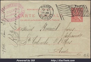 FRANCE ENTIER POSTAL MOUCHON 10c AVEC DRAPEAU + CAD PARIS DÉPART DU 23/07/1901 - Picture 1 of 2