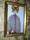 LADY CAT STEPS OUT IN HAT 4 X 6 gold WOOD framed Victorian style art print
