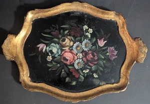 Vassoio vintage in legno stile fiorentino con fiori dipinti 54 X 39 X 2,5 cm. - Foto 1 di 21