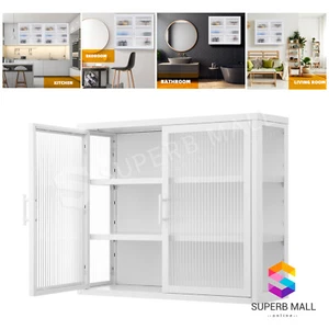 Glass Wall Mounted Display Cabinet Metal Bathroom Kitchen Pantry Cupboard Shelf - Picture 1 of 8