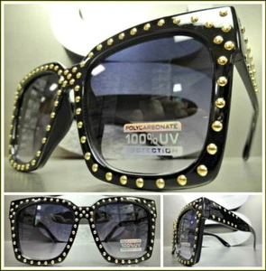 Oversize Exaggerated Vintage Retro Style SUNGLASSES Large Black Frame Gold Studs - Picture 1 of 7