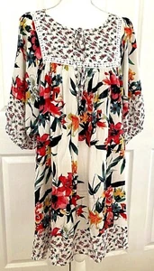 UMGEE USA New Womens L Dress Blouson Floral Boho Keyholes Hi Lo Bishop Slv Lace - Picture 1 of 11