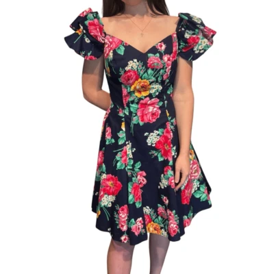 Vestido Roberta Azul Marino Floral Hombro Frío Lazo Línea A Med Foto 1 de 4