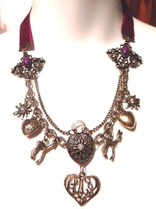 BURGUNDY VELVET NECKLACE brass deer charm hearts retro rhinestones bib K4 - Picture 1 of 2