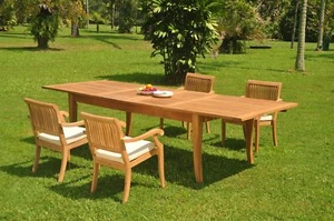 5pc Grade-A Teak Dining Set 122" Atnas Rectangle Table Arbor Stacking Arm Chair - Picture 1 of 4