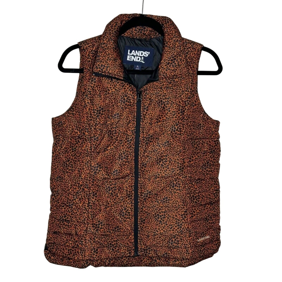 LANDS’ END Down Vest XXL Brown Lands' End Womens Puffer Down Vest Burnt Caramel Leopard