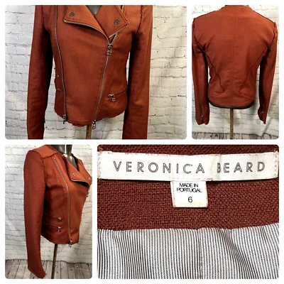 Veste Blazer Moto En Coton À Franges Rouille Taille 6 Veronica Beard - Photo 1/4