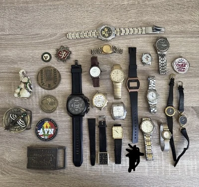 Lote De 27 Artículos - Relojes, Trabajo Y Algunos Para Piezas también Monedas y Hebillas De Cinturón  Foto 1 de 4