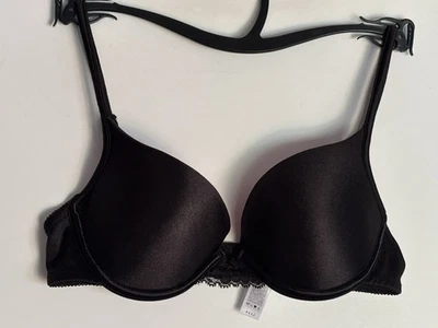 Vintage Wonderbra 34A Plunge Pushup Padded Underwire Black Bra Satin - Image 1 of 4
