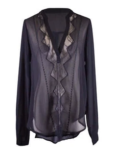 Lush Sheer Seductive Lace Embroidery Detail Woven Long Sleeves Chiffon Blouse - Picture 1 of 5
