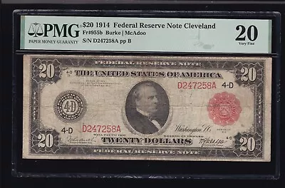 US 1914 $20 FRN Cleveland District Red Seal Note FR 955b PMG 20 Ch VF (258) - Image 1 of 2