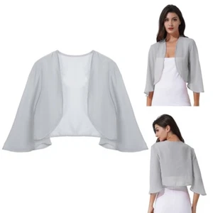 Women Chiffon Solid Bolero Shrug Jackets Open Front 3/4Sleeves Cropped Cardigan - Picture 1 of 57
