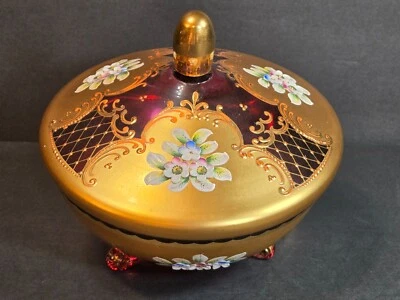 VTG Bohemian Red Glass Lidded Footed Bowl Hand Painted Floral Enamel Gold Gilt! - Image 1 of 4