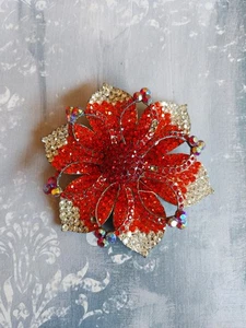 Vintage GIANT metal flower brooch clear AB 4" across missing 4 red rhinestone - Picture 1 of 7