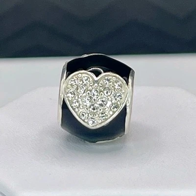Brighton Blissful Hearts Spacer Bead Silver Tone Black Enamel with Crystals - Image 1 of 4