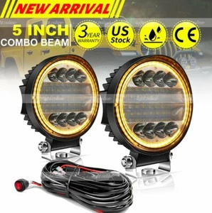 5Inch Round LED Driving Lights Bar Flood Work Pods Bumper Off Road 4WD 4"& Wire - Picture 1 of 10