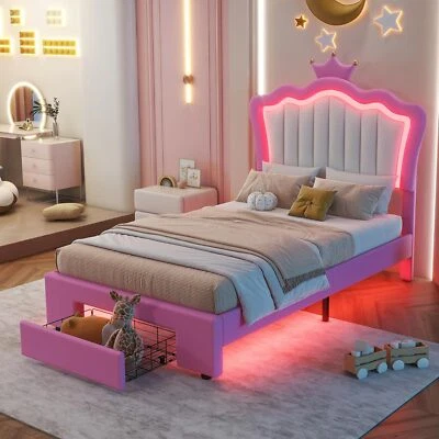 Linda cama princesa tamaño completo/doble Crown tapizada completa luz LED para niñas niños Foto 1 de 4