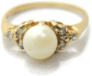sz 3.5 14Kt Yellow Gold Pearl Ring 6 Diamonds 5mm Cultured White 1.4g Vintage - Picture 1 of 12