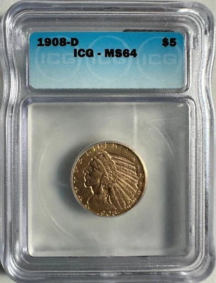 1908-D $5 Indian Head Gold Half Eagle ICG MS64 - Image 1 of 4