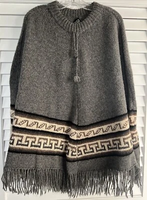 Vintage Alpaca Wool Poncho Cape Boho Fringe Southwestern Made in Bolivia Gray - Image 1 of 4