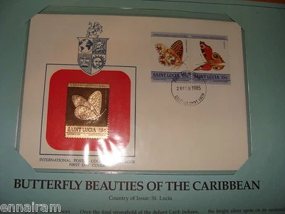 St Lucia FDC w/ 23 kt gold replica Stamp 1985 Butterfly Beauties - Image 1 of 2