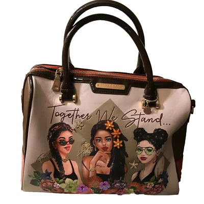 NICOLE LEE TOGETHER WE STAND HANDBAG with 3 girls flowers-rust brown side panel - Image 1 of 4