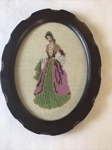 Vintage Floral Crewel Needle Point Cross Stitch Wood Oval Frame MCM Pink Padded  - Picture 1 of 5