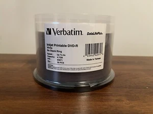 Verbatim DVD-R 4.7GB 50 Pcs Data Life Plus White Inkjet Printable - New 94971 - Afbeelding 1 van 3