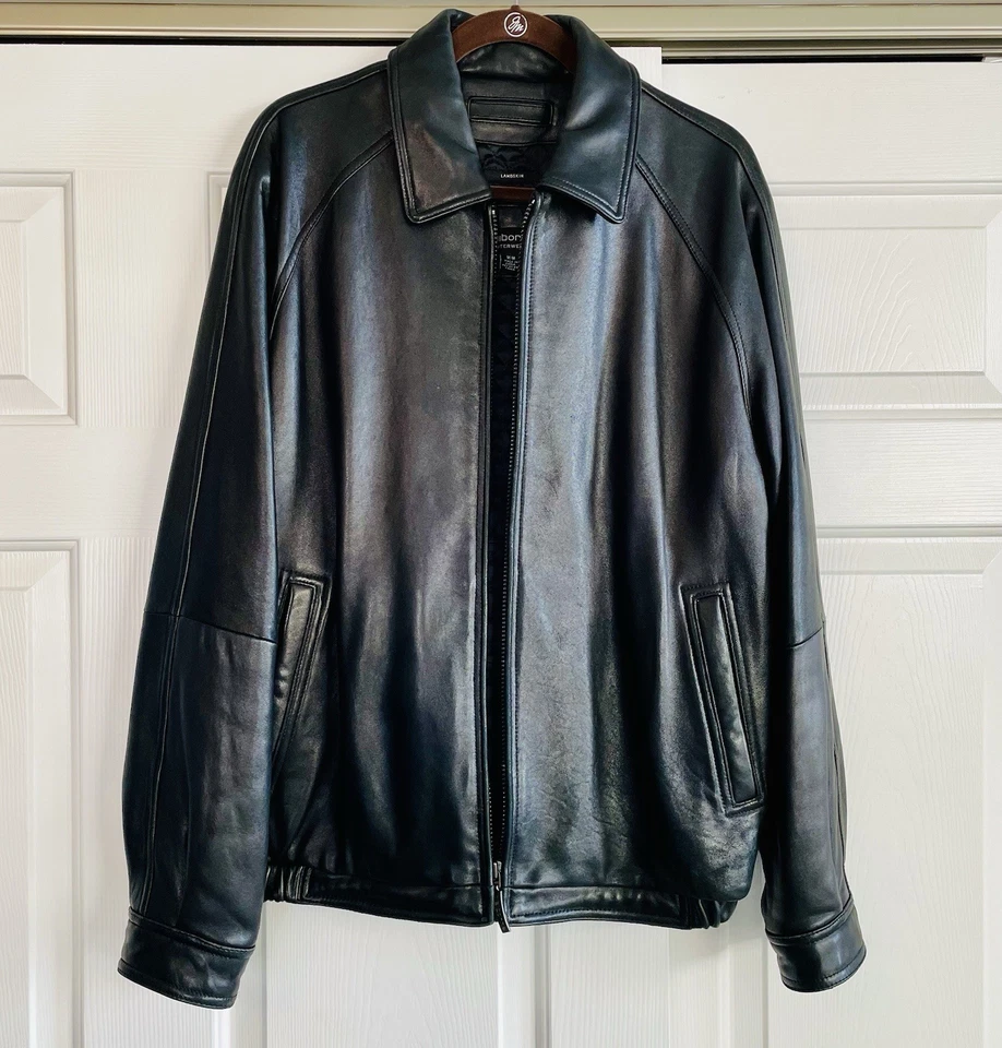 Chaqueta de cuero de piel de cordero negra Claiborne Outerwear para hombre talla mediana Foto 1 de 4