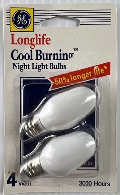 2 GE COOL BURNING LONGLIFE NIGHT LIGHT 4 WATT BULBS 3000 HOURS 4C7 Wh - Image 1 of 2