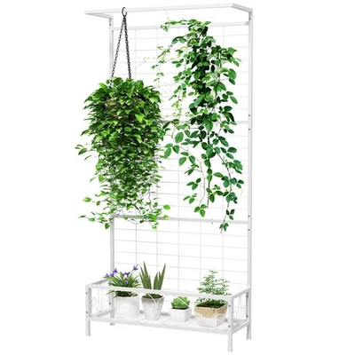 Metal Tall Plant Stand with Trellis Hanging Bar Plant Holder for Indoor Outdoor - Image 1 of 4