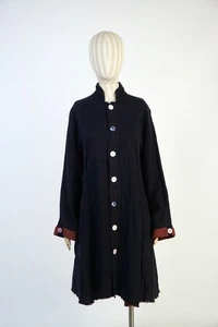 Vestido Abrigo Eskandar Azul Marino Rojo Lino Talla 1 Hecho en Inglaterra Abotonado - Imagen 1 de 11