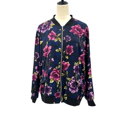 QVC Susan Graver Plus 1X Chaqueta Bomber Rosa Púrpura Azul Marino Floral Cremallera Completa Bolsillos Foto 1 de 4