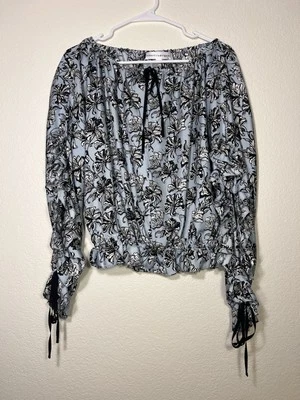 Blusa Top Robert Rodriguez Pequeña Azul Floral Lazo 100% Seda Volantes Foto 1 de 4