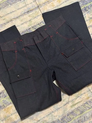 Vtg 70s Deadstock Bell Bottom Jeans Red Stitching Bush Pockets 38x33 Raw Denim - Image 1 of 4