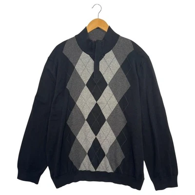 Nuevo Suéter Tasso Elba Para Hombres 2XL Negro Gris Argyle Cuarto Cremallera Pullover Preppy Foto 1 de 4