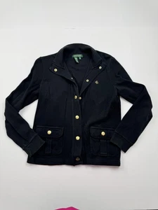 Lauren Ralph Lauren Jacket Womens Medium Black Gold Button RL Logo Cotton Casual - Picture 1 of 7
