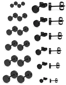 12 Pairs Black Stud Earrings for Men Stainless Steel Round Disc Faux Gauges E... - Picture 1 of 6