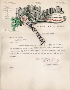 1909 ST LOUIS MISSOURI Letterhead CONSOLIDATED SAW MILLS Goodrich Crawford McDar - Picture 1 of 1