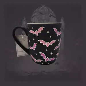 Taza de café grande murciélagos de Halloween rosa y negro tacto suave nueva - Imagen 1 de 10